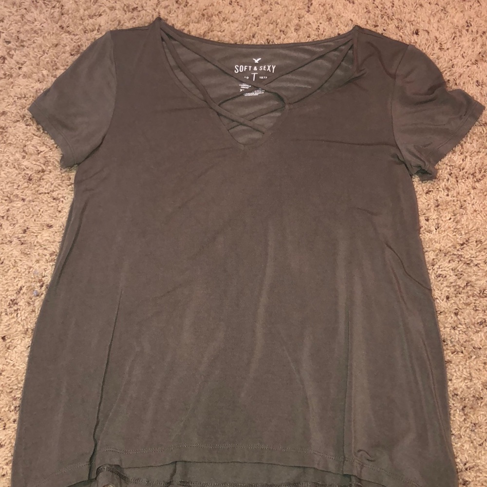 Olive color american eagle cross neck shirt.